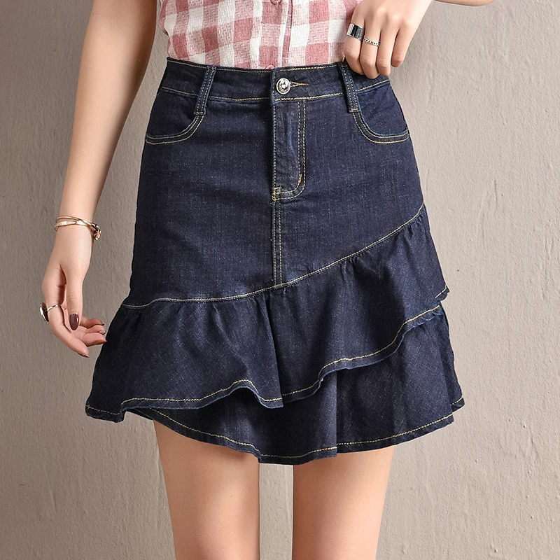 Летние Для женщин корейский стиль оборками нерегулярные синие джинсы карандаш Turmpet юбка, женская обувь; большие размеры Тонкий 6xl стретчевые джинсы Юбки
