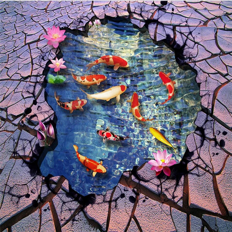 

beibehang Nine fish map lotus bathroom living room 3D floor painting custom large fresco floor paste papel de parede