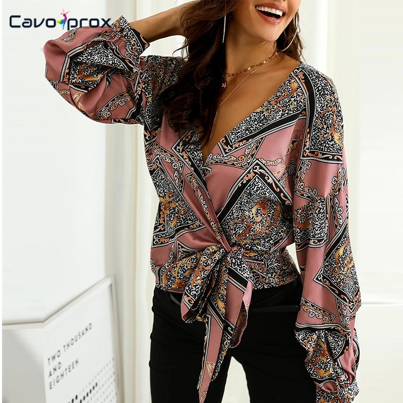 

Women Vintage Tie Waist Bishop Sleeve Wrap Belt Blouse Casual Office Lady Chain Printed V-Neck Elegant Spring Shirt