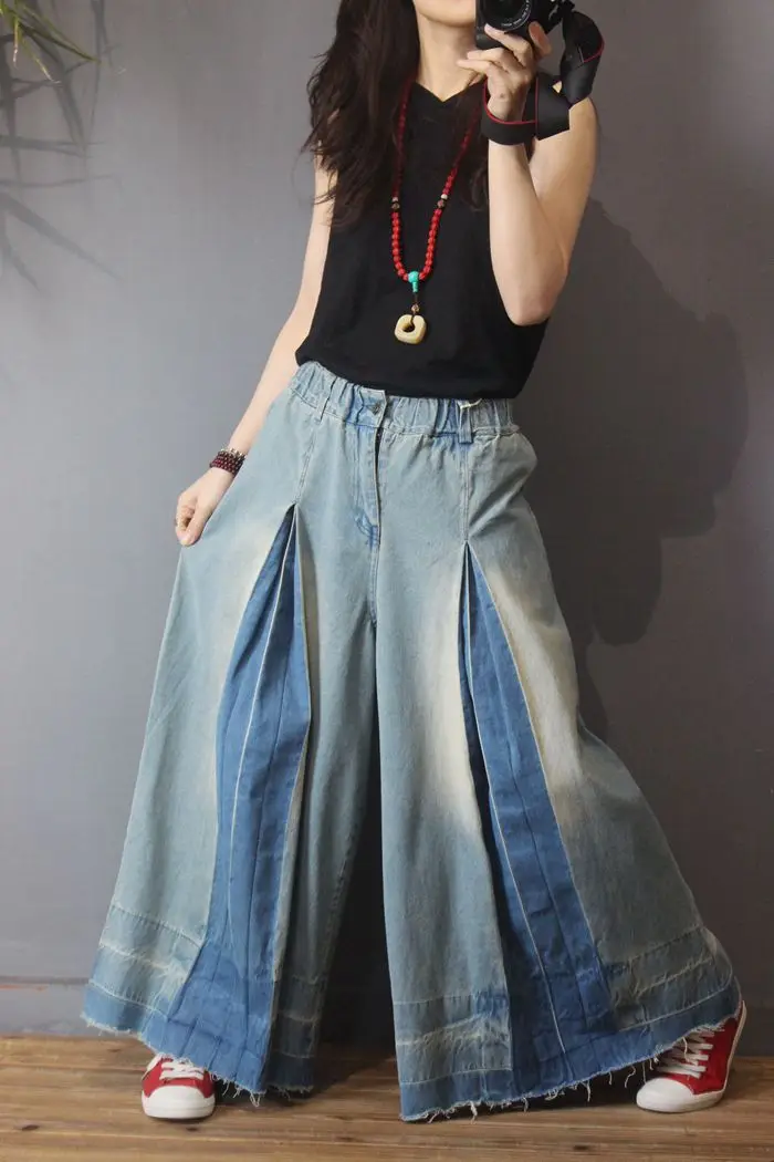 Vintage Las Y Plus Pierna Casual Elástica Tamaño Cintura Otoño Primavera Pantalones Ancha Denim Mujeres De nU8qwtFSxS