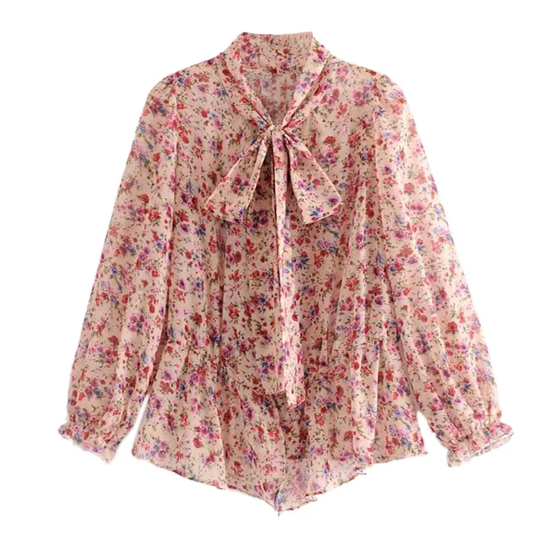 

Women Fashion Floral Printed Blouses Bow Decorate Long Sleeve Shirts Women Elegant Three Quarter Tops FFZSY380