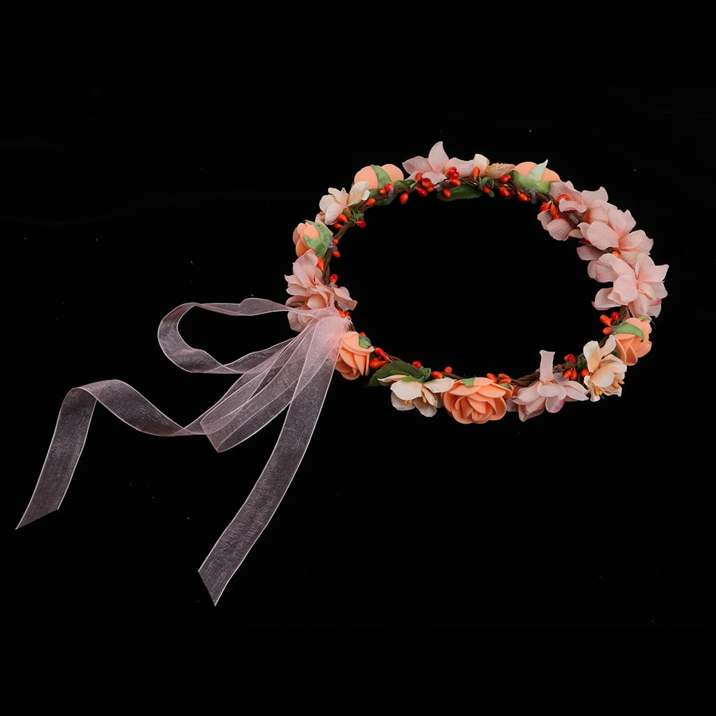 Women Ladies Orange Flower Headband Crown Wedding Bridal Hair Wreath Floral Garland Summer Beach Travel Hair Accessory