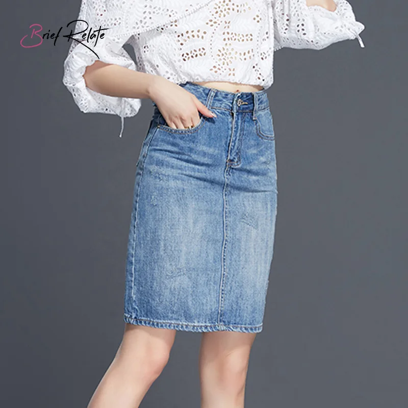 

Brief Relate Women Lady Sexy Casual Denim Pencil Split Tight Skirt (Blue)