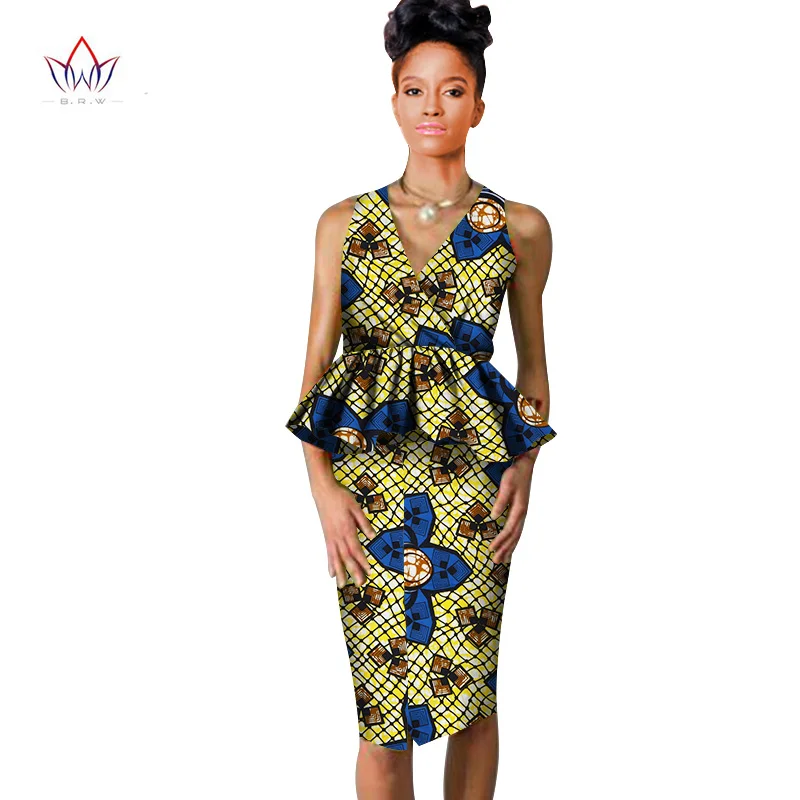 african dresses for women Dashiki v-neck skirt set sexy& club Bazin Riche africa print knee-length dress cotton 6xl BRW WY804