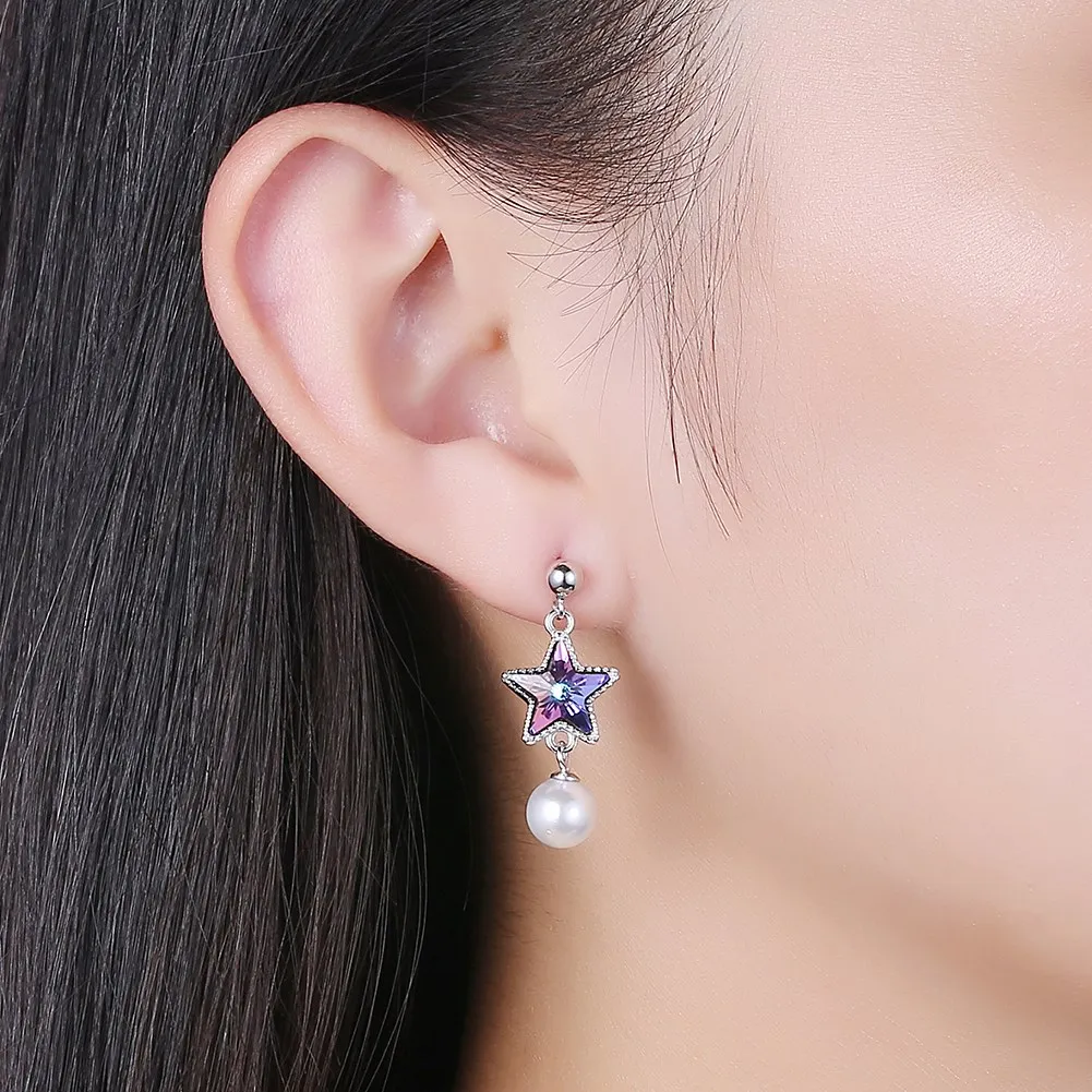 Серьги-гвоздики LEKANI с уникальными кристаллами от Swarovski Star 925 пробы, серебряная звезда, жемчуг, цилиндрические серьги для женщин, рождественские серьги
