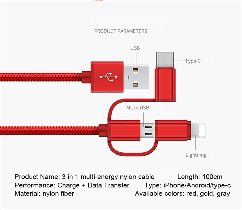 NOHON 3 в 1 Lighting Micro usb type C зарядный кабель для iPhone X 8 7 кабель для быстрой зарядки USB для Oneplus 5 samsung Galaxy S8