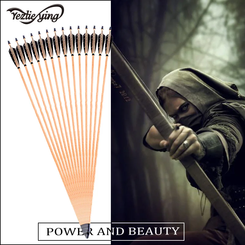 

6pcs Wooden Arrow Length 31 Inches Black True Feather Recurve Bow / Compound Bow Archery Hunting