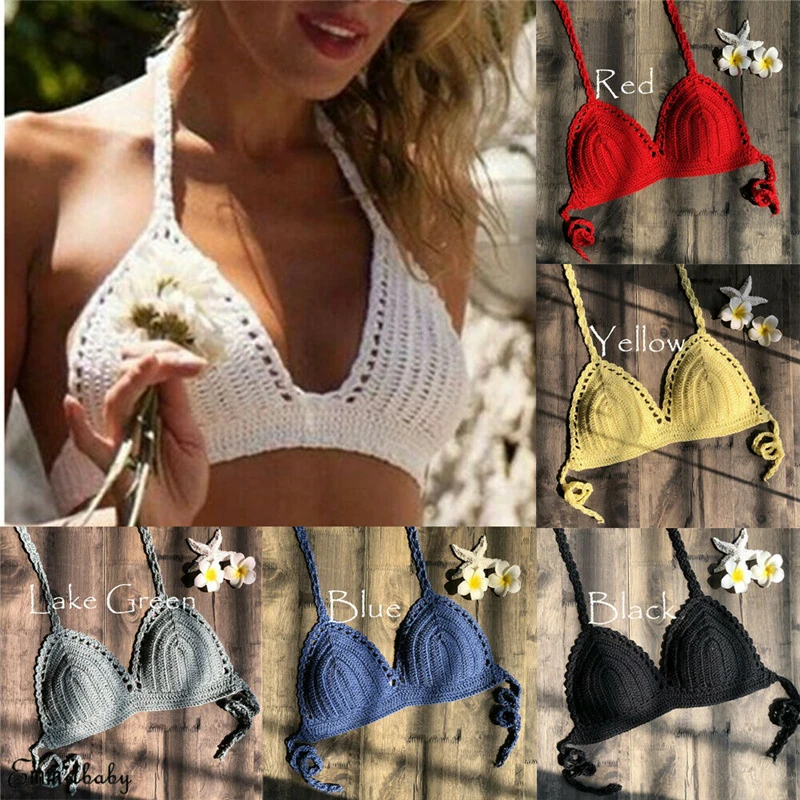 

2019 Summer Sexy Women Backless Crochet Halter Knit Beach Bikini Bra Crop Top Solid White Yellow Costume