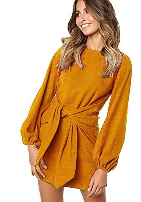 

Spring Yellow Casual Straps Long Sleeve Bandage Dress Women Clothing High Waist Above Knee Mini Sexy Streetwear Simple Hot Sale