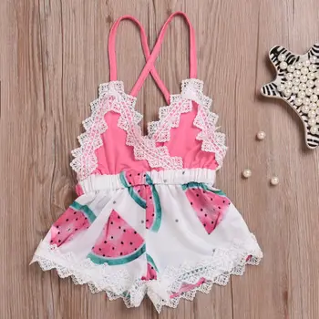 

2018 New Summer Newborn Baby Girl Watermelon Rompers Strappy Lace Backless Jumpsuit Toddler One-Pieces Romper Casual Outfit