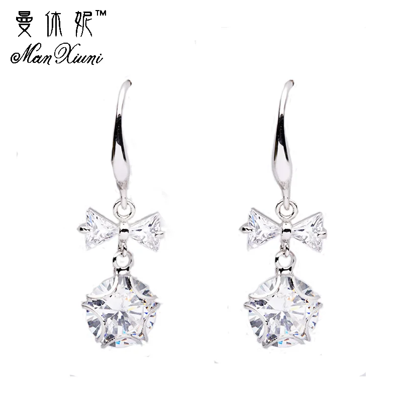 

Golden Silver Plated Copper Office BowKnot CZ Pendant Ear Accessories Pendientes Largos Anti-Allergic Wedding Dangle Earrings