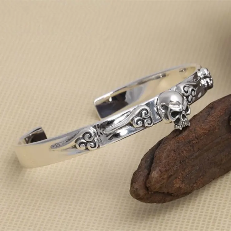 

Solid Silver 925 Gothic Skull Cuff Bangle Bracelet Men Vintage Punk Style Real 925 Sterling Silver Cool Mens Jewelry