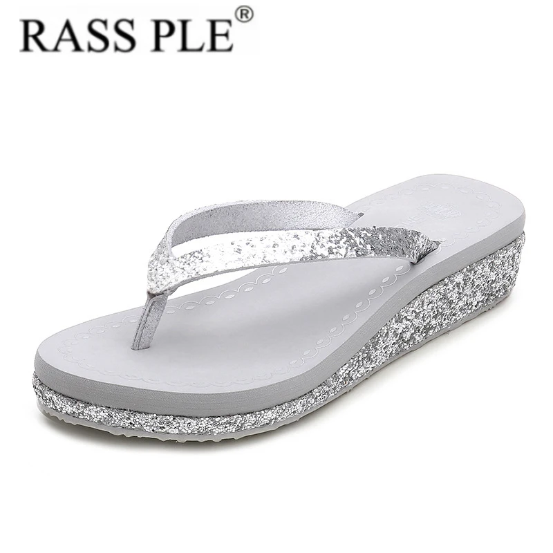 

RASS PLE 2019 Rhinestone Sandals Beach Flip Flops Summer Wedge Diamante Shoes Slip On Slides Shoes Women Zapatos De Mujer