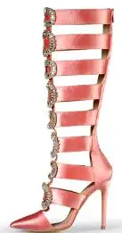 Обувь с розовыми пальмами; женские босоножки; sandalias mujer; сапоги до колена на высоком каблуке с острым носком и блестящими кристаллами; женские босоножки сиреневого цвета - Цвет: Pink