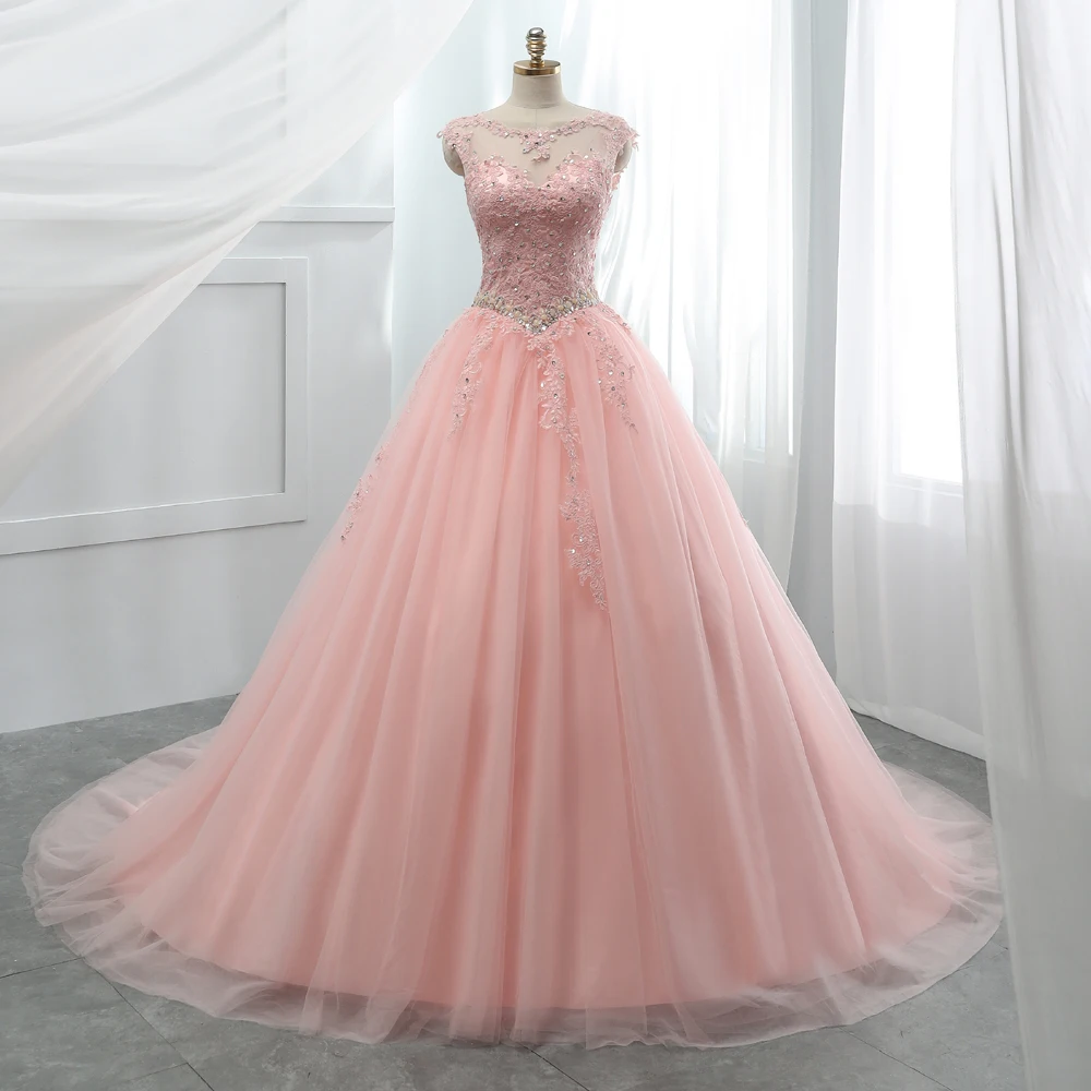 Fansmile Тюль Mariage Vestido De Noiva розовые кружевные свадебные платья размера плюс Длинный Шлейф Свадебные платья невесты платье FSM-458T