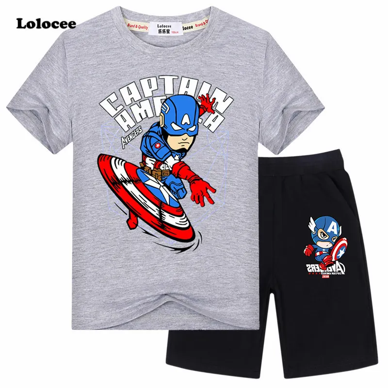 

2PCS Summer Baby Boys Iron Man Captain America Clothes Set Kids Cartoon Short-sleeved Top+Shorts Sets Children Superhero Suit