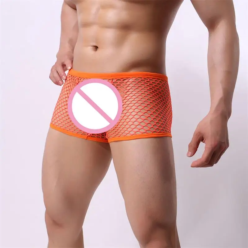 Мужское сексуальное прозрачное Сетчатое Мужское нижнее белье, прозрачные трусы-боксеры для геев, короткие мужские трусики, эротическое мужское нижнее белье - Цвет: orange