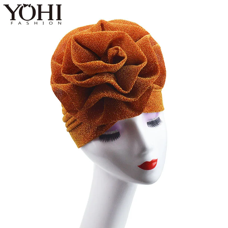 New luxurious Muslim headgear with bright silk and large flowery India hat Women turban scarf Head wrap Turbante