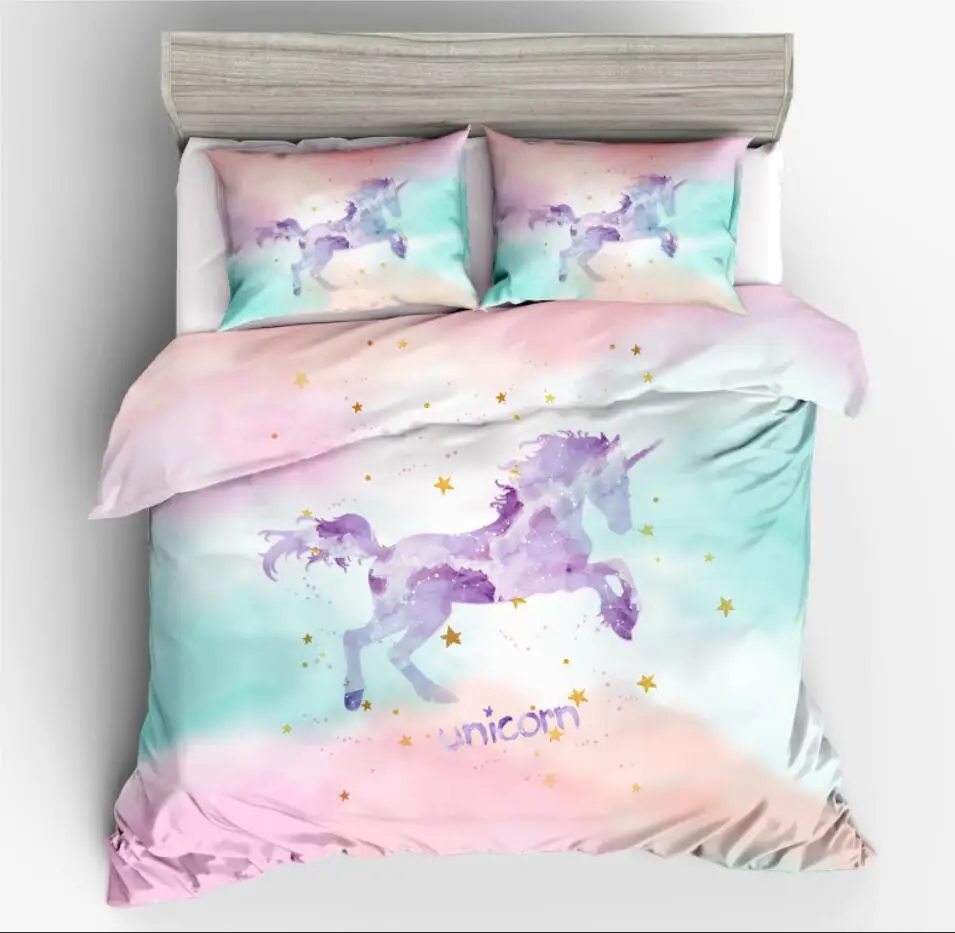  Cartoon Unicorn Printed Bedding Set Quilt Cover Duvet Cover Sets Bed Linen for Girls