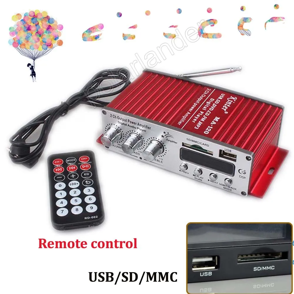 Автомобильный аудио стерео Мощность усилитель USB FM SD DVD MP3 плеер 12 V 2ch усилитель выходной мощности 20WX2 RMS