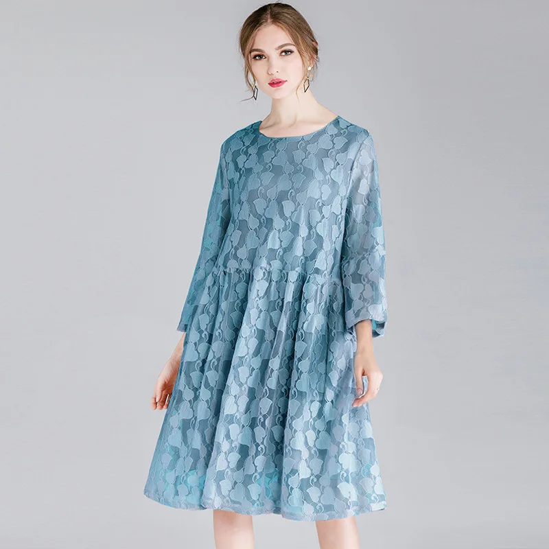 Плюс Размеры 4XL 3XL 2XL XL L Для женщин Весна 3/4 рукавом кружевном платье Высокая Талия