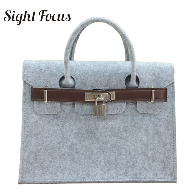 Sight Focus Brand Designer Handbag Felt Tote Bag Classic Handle Lock Sight Focus Brand Designer Handbag Felt Tote Bag Classic Handle Lock Bags Business Solid Grey Wool