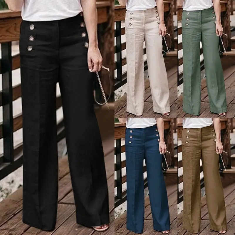 

2019 New Autumn Cotton Linen Wide Leg Trousers Women Casual Loose High Waist Pants Female Loose Solid Button Pants Outerwear