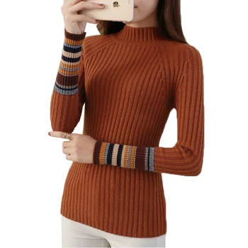 

Autumn Winter Women's Sweater 2018 New Stripe Long Sleeve Knit Pullover Slim Elastic Short Half Turtleneck Sweater Female AA265