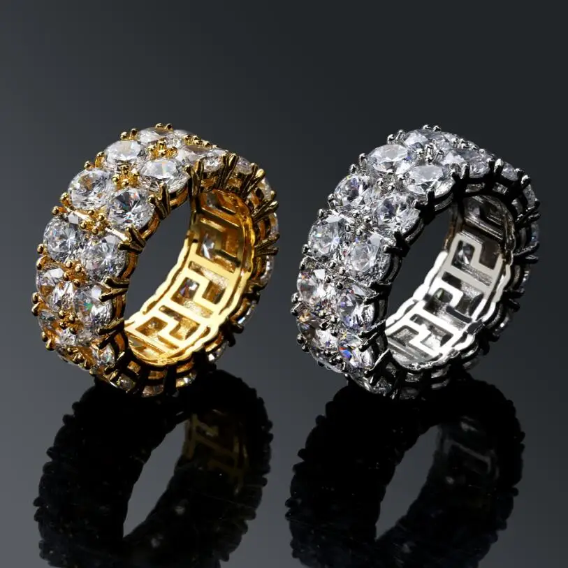 

2018 drop shipping Gold Silver Color Plated Ring Micro Paved 2 Row Chain Big cz Zircon Shiny Hip Hop Finger Ring for Men Women