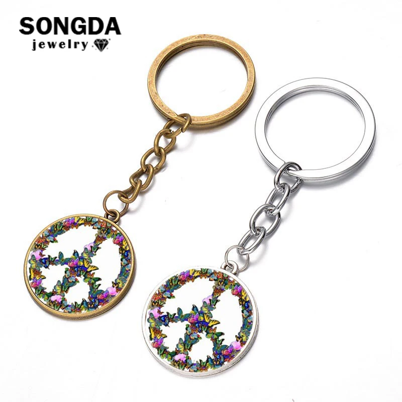 

SONGDA Novelty Butterfly Combination Peace Sign Keychain DIY Hippie Peace Bus Sign Glass Cabochon Pendant Charm Key Ring Holder