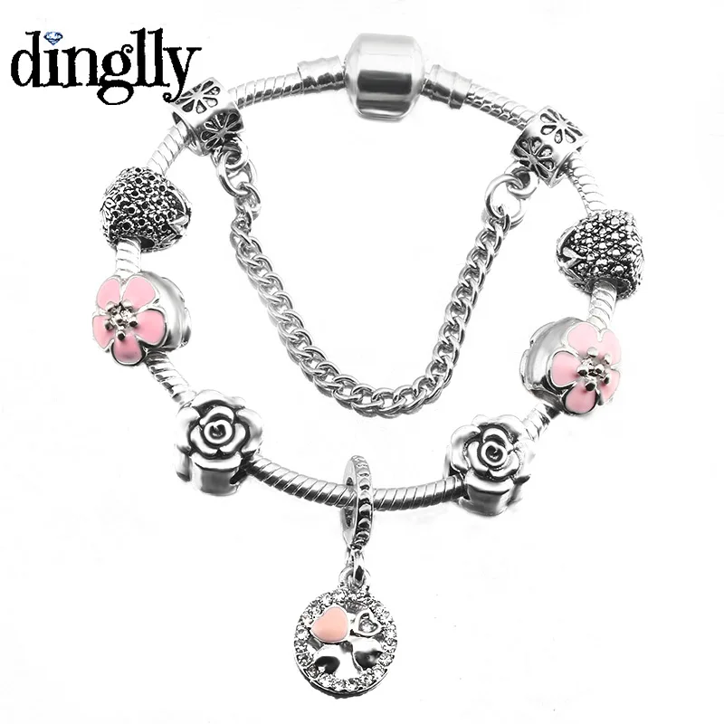 

DINGLLY Pink White Peach Blossom Crystal Brands Bracelets For Women Silver Plated Charm Bracelets & Bangles Jewelry Gifts