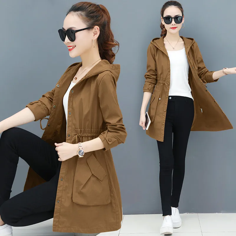 

2019 Autumn Thin Trench Coat Women Causal Long Sleeve With Hood Medium Long Outerwear Female Windbreaker Casaco Feminino R55