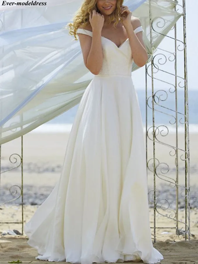 

Beach Wedding Dresses 2019 Chiffon Satin A-Line Off Shoulder Button Back Sweep Train Simple Bridal Gown Robe De Mariee Plus Size