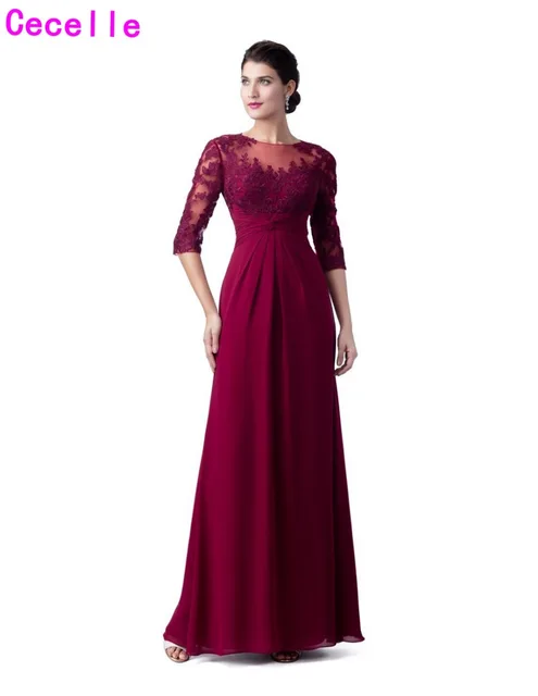 2019 Dark Red Chiffon Long Mother of the Bride Dresses With Half
