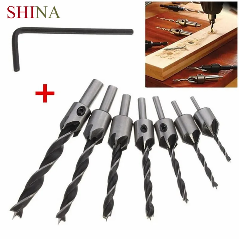 

Shina 7pcs HSS 3-10mm Drill Bit Reaming Woodworking Chamfer Tool Three-pointed Woodwork Countersunk Drill Hole Reamer Hole Sow