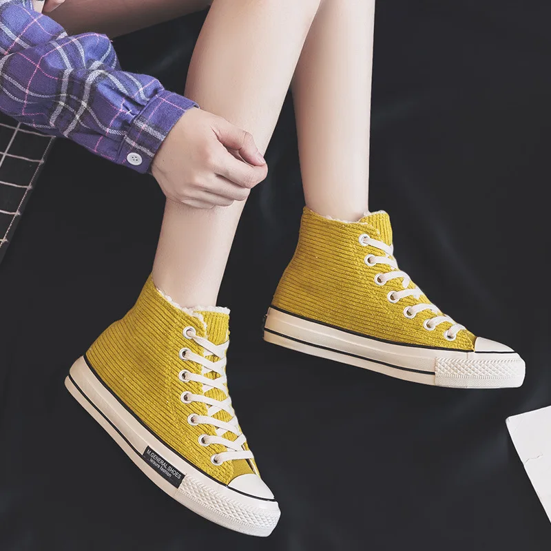 

Fashion Solid Pink Yellow High Top Shoes Women Winter Sneakers 2019 Casual Shoes Woman Canvas Shoe Flat Heel Trainers