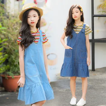 

Girls Dress New 2019 Kids Summer Children Clothing Jeans Ruffle Girls Denim Dress Casual Suspender Kids Dress For Girl