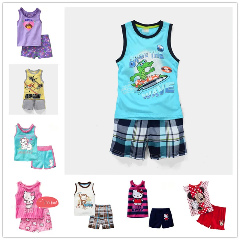 

Kids Pajamas Children's Sleepwear Boys Girls infantil Clothes Baby Pajamas 2019 Summer None Sleeved Set Cartoon 2 PCS