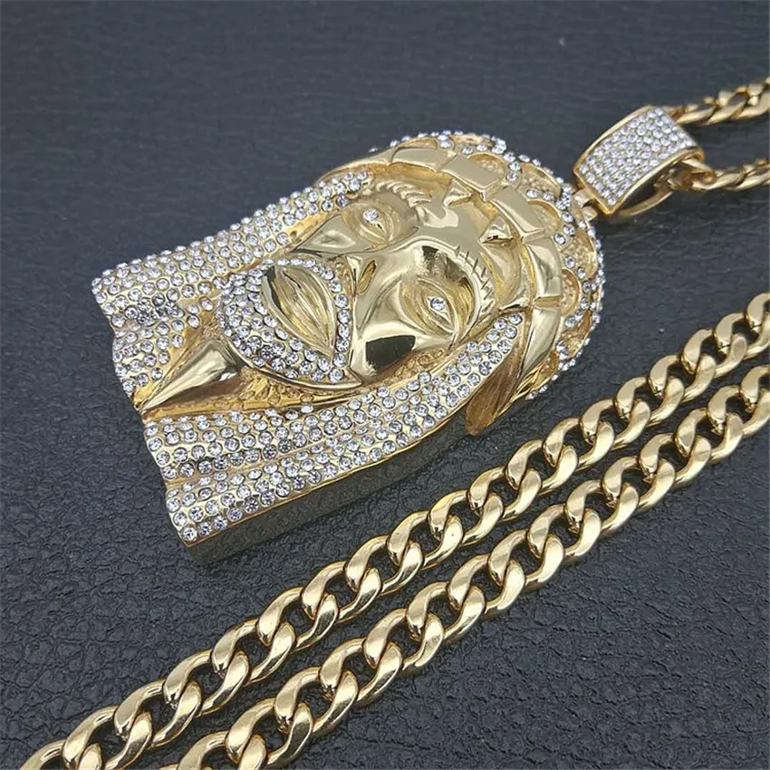 Хип-хоп мужчины Золотой цвет Iced Out Bling Стразы из нержавеющей стали большой кусок ожерелья с изображением Иисуса Христа Подвески с цепочками Vogue ювелирные изделия