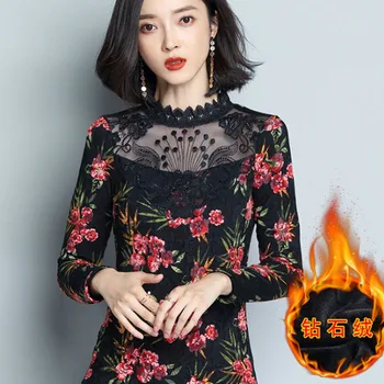

Add Fleece Lady Fashion Warm T-Shirts Plus Size M-4XL Embroidery Lace Patchwork Women Casual Tops & Tees