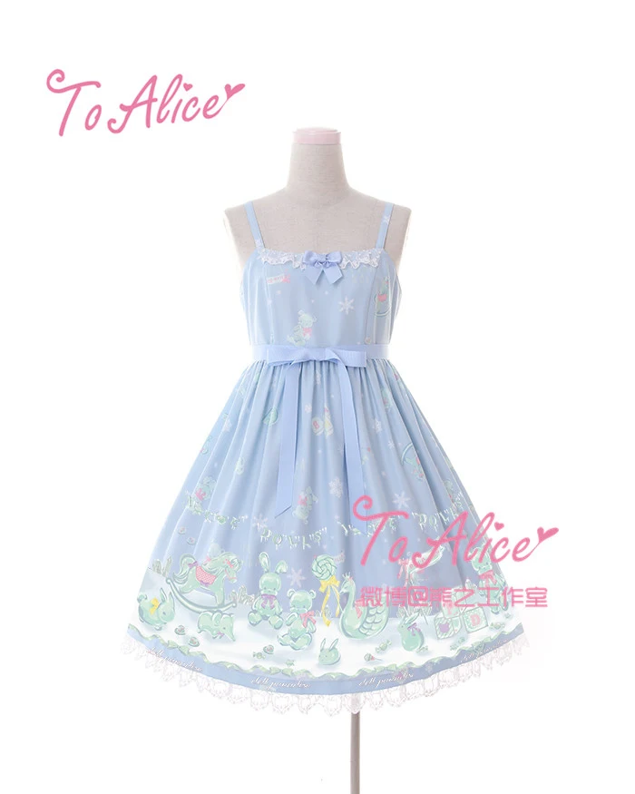Lolita Dress Cute Ice Doll Snowflake JSK Lolita Dress Fairy Kei Sleeveless Sashes Bear Lace Trim Bows Fancy Dolly Dress Navy Blue & Sky Blue