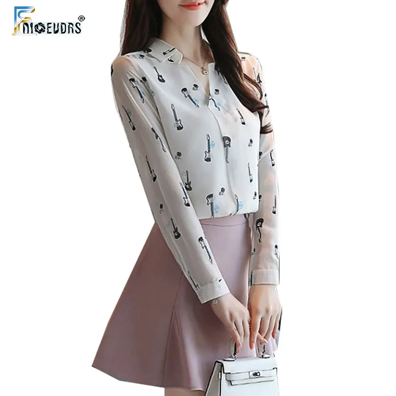 

Cute Tops Hot Sales Woman Fashion Elegant Office Lady Sweet Girls V Neck Printed Chiffon Summer Autumn Basic Shirt Blouse J021
