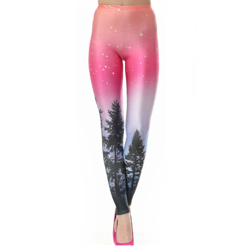 

DOUBCHOW Womens Red Galaxy Tree Printing Leggings Pants 2018 Maiden Teenagers Spandex Shiny Leggings Skinny Footless Plus Size