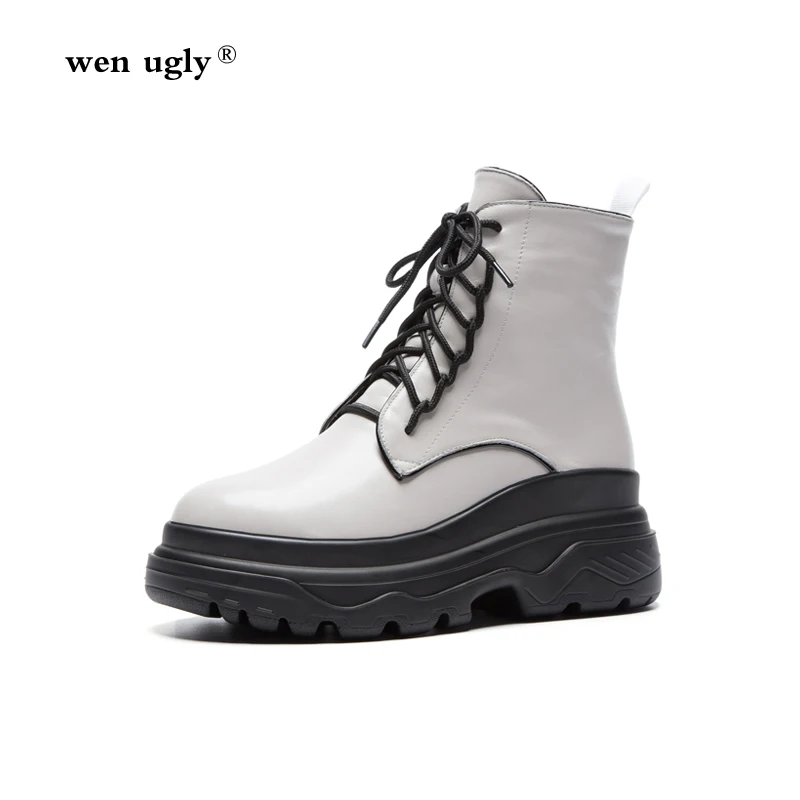 

wen ugly White women's boots platform leather Martin boots women's ankle boots 2019 winter new short boots lace women's shoes