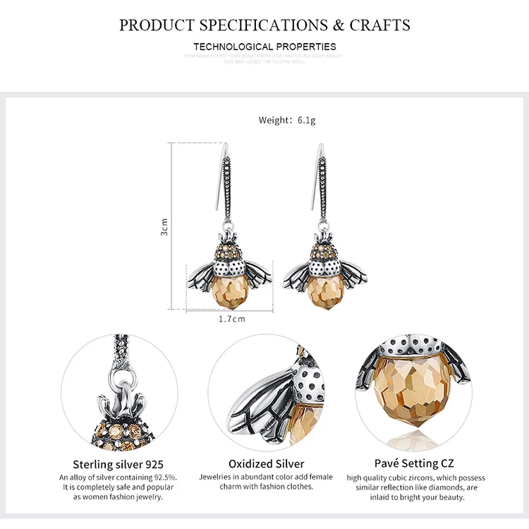 WOSTU,,, 925 пробы, серебряные, милые, пчела, висячие серьги для женщин, хорошее ювелирное изделие, роскошный подарок для влюбленных, DXE149