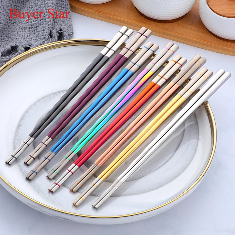 

2 Pairs Chopsticks Gift Set Stainless Steel 18/8 Japanese Blue Hashi Square Chop Stick Titanize chopsitck Gold Plated Chop Stick