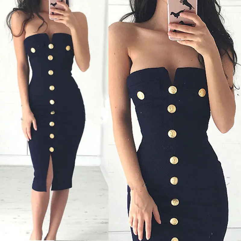 

Women Ladies Bodycon Sleeveless Sexy Party Dress Button Solid Strapless Knee-Length Pencil Dress