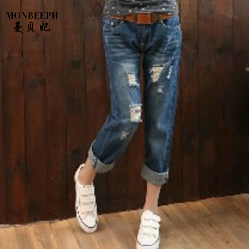 

2017 new brand Ripped summer Harem jeans for woman hole Capris jeans pants denim trousers Vintage high trousers