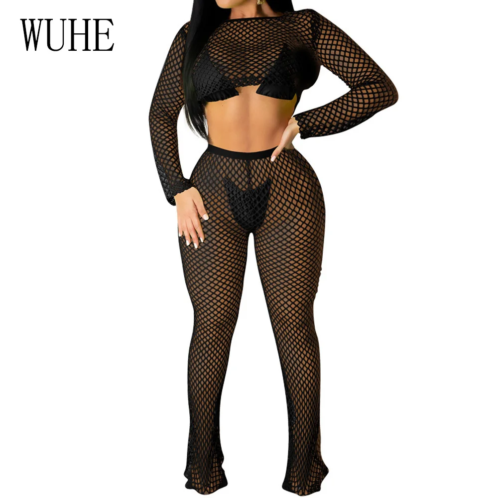 

WUHE New Summer Fashion Long Sleeve Hollow Out Bodysuit Elegant Two Piece See-through Jumpsuit Women Beachwear Plus Size XXL