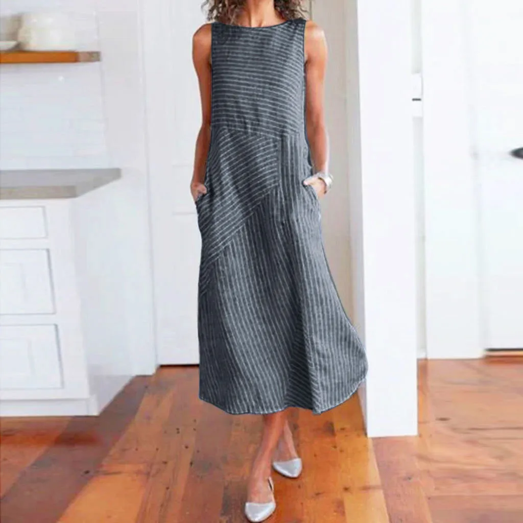 

Women Dress Casual Striped Sleeveless Linen Dress Feminine Boho Crew Neck Pocket Long Dress 2019 Summer Maxi Dresses Vestidos